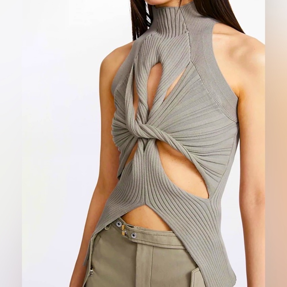 COPY - Knitted Tops High Collar Hollow Out Kink Sleeveless Solid Color Tank.